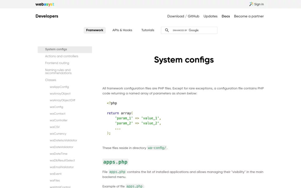 Описание системного файла config.php в документации Webasyst