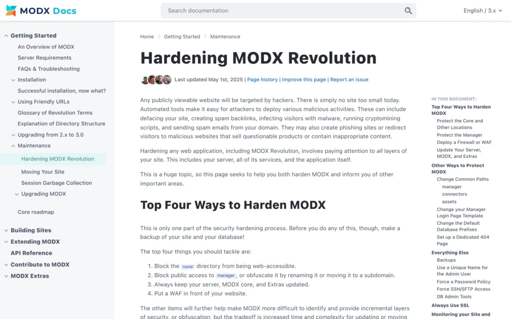 Официальное руководство MODX по защите сайта (Hardening MODX)