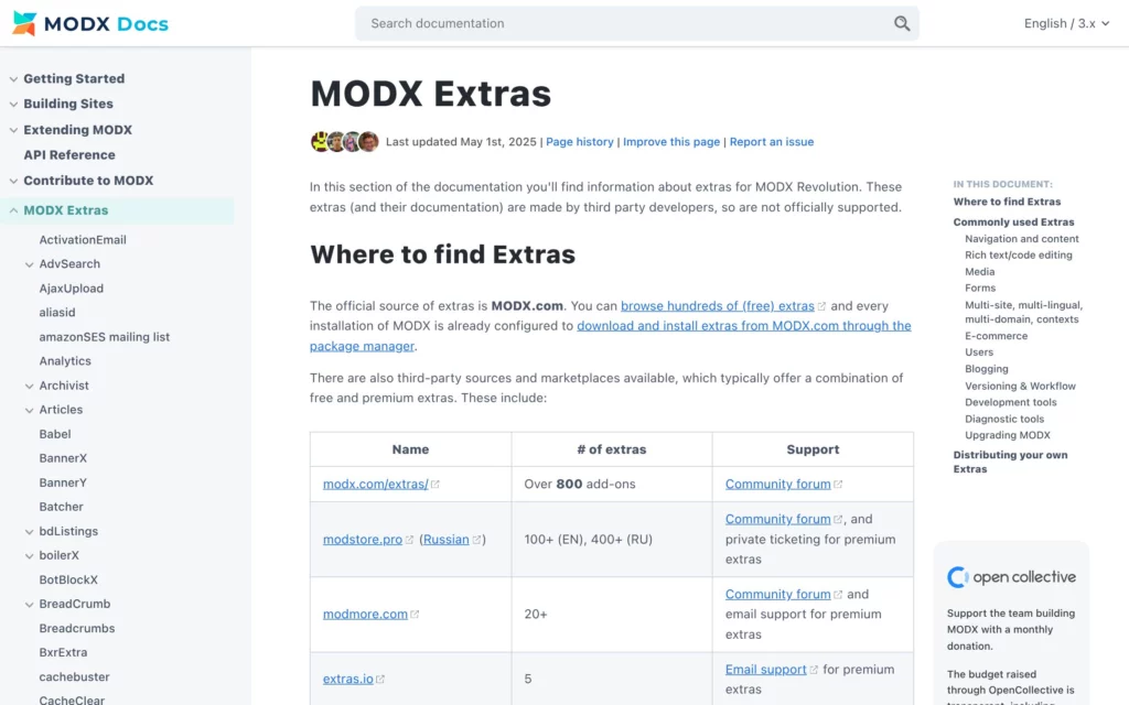 Документация MODX по дополнениям и управлению пакетами