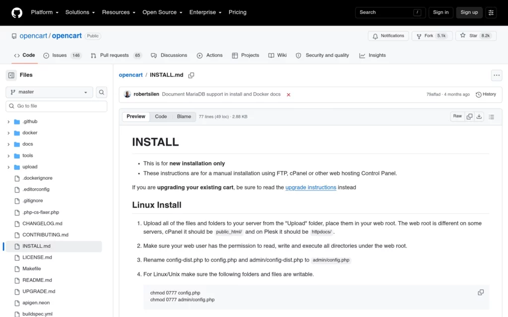 Официальная инструкция по установке OpenCart: удаление install, права на config.php, отключение вывода ошибок