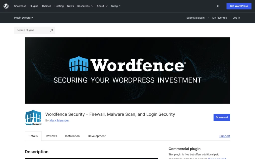 Страница плагина Wordfence Security в официальном каталоге WordPress